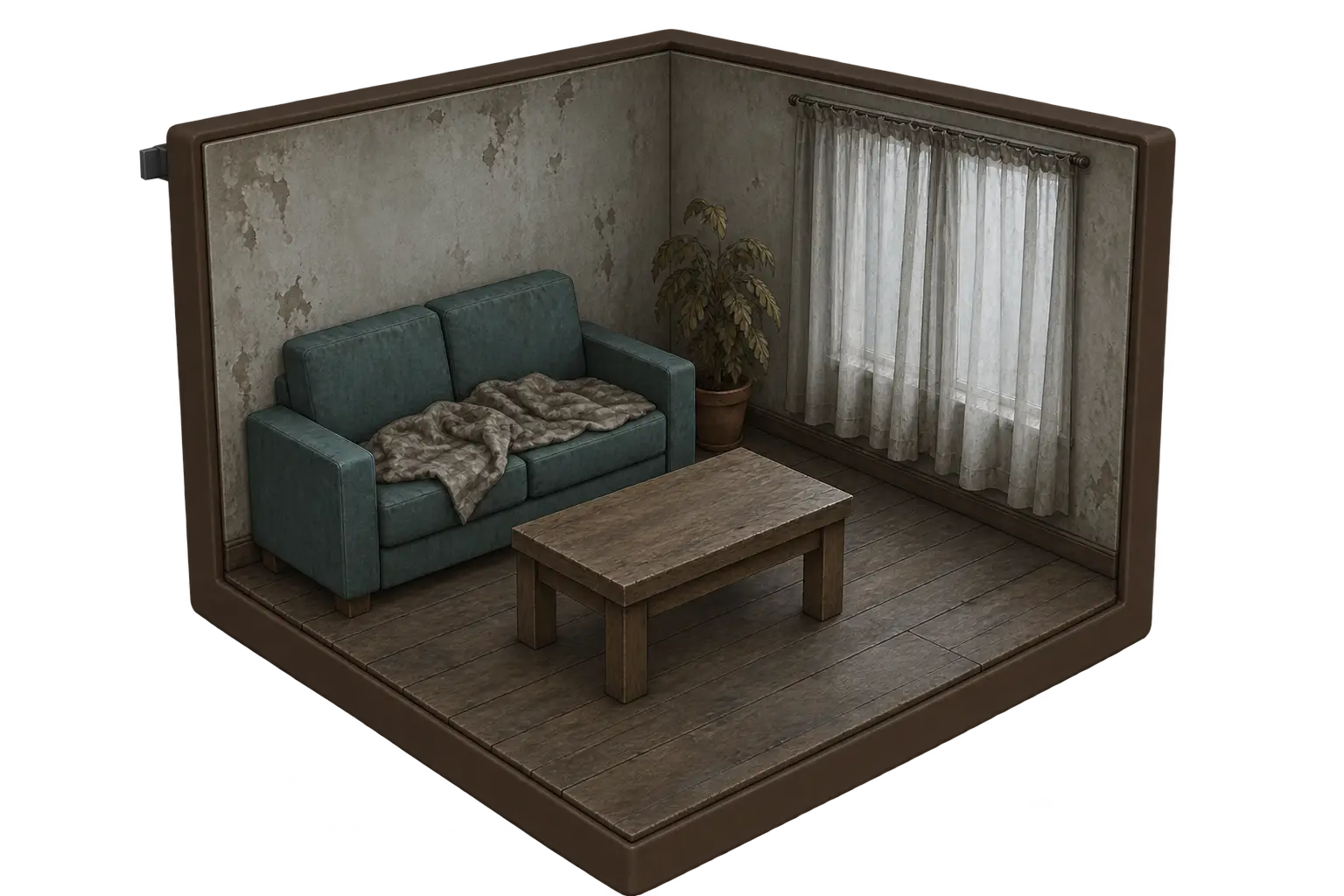 The same room, run down: stained walls, a blanket left on the sofa, a dying plant by the window.