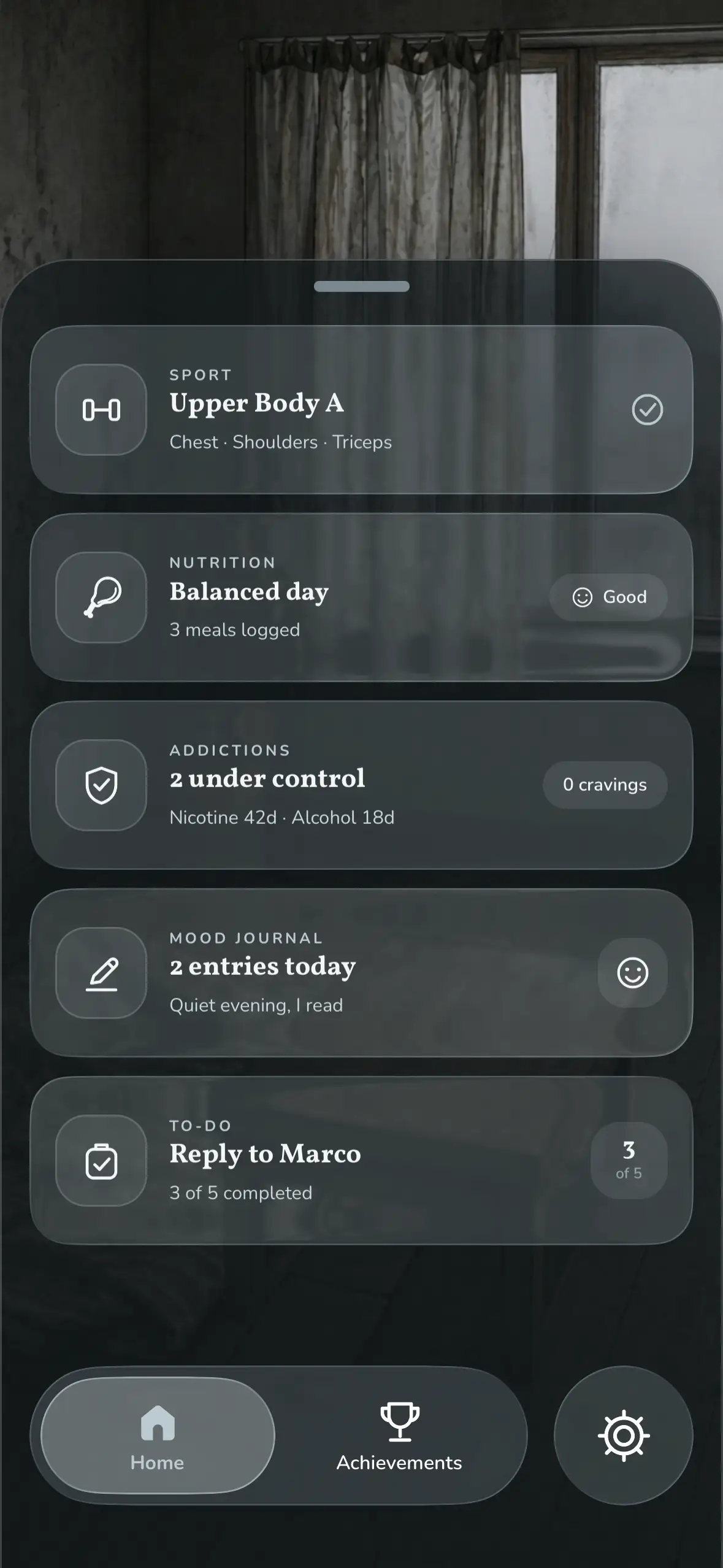 The home screen listing all five sections: sport, nutrition, addictions, mood journal and to-do.