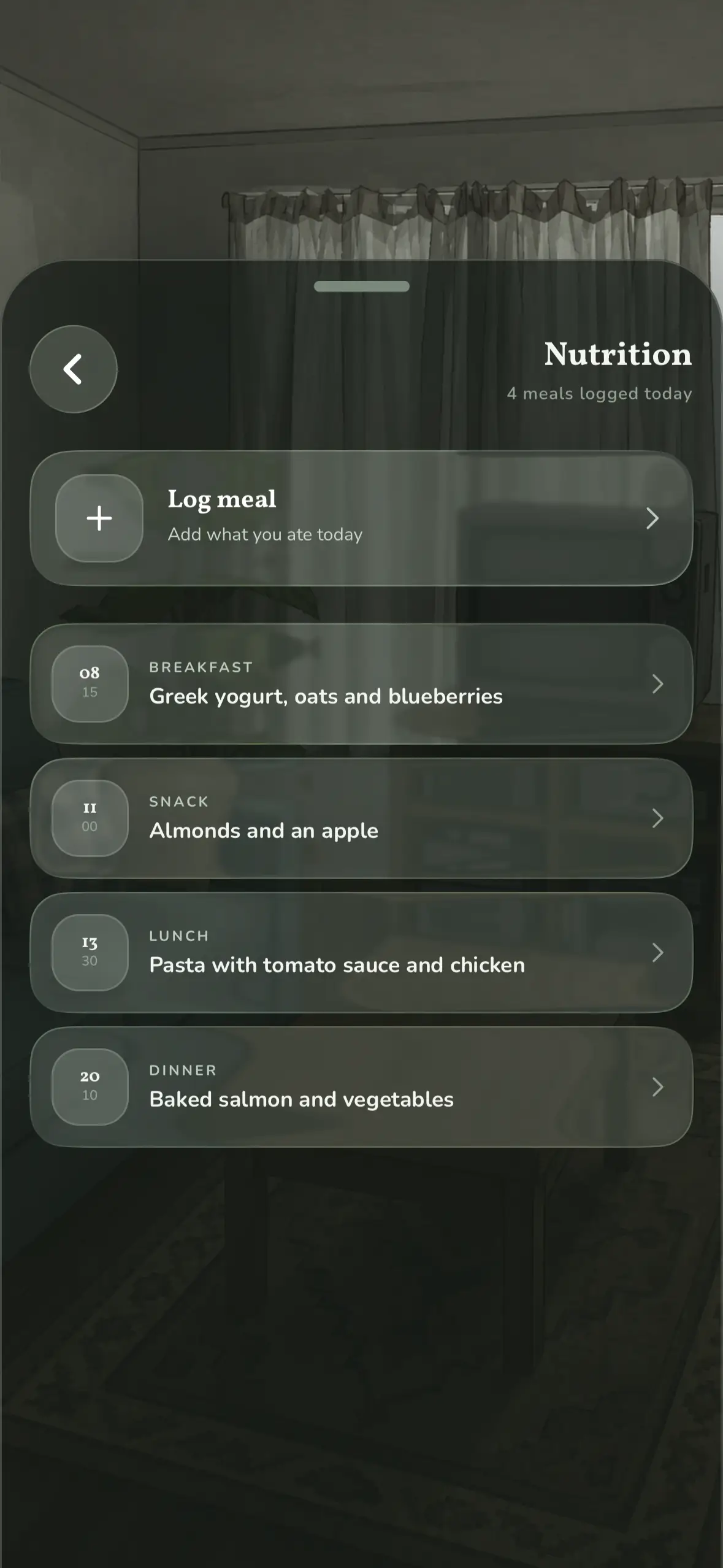 The Nutrition screen: four meals logged through the day, with no calorie figures anywhere.