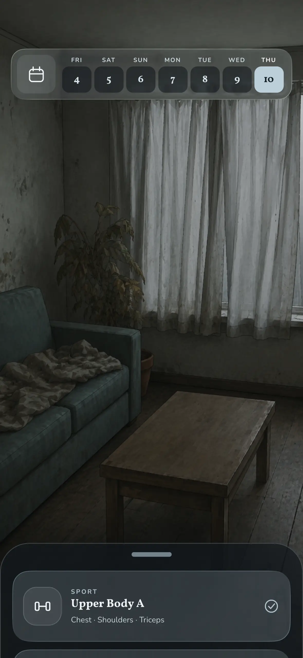 The same home screen once the room has run down: stained walls, a dying plant, a blanket on the sofa.