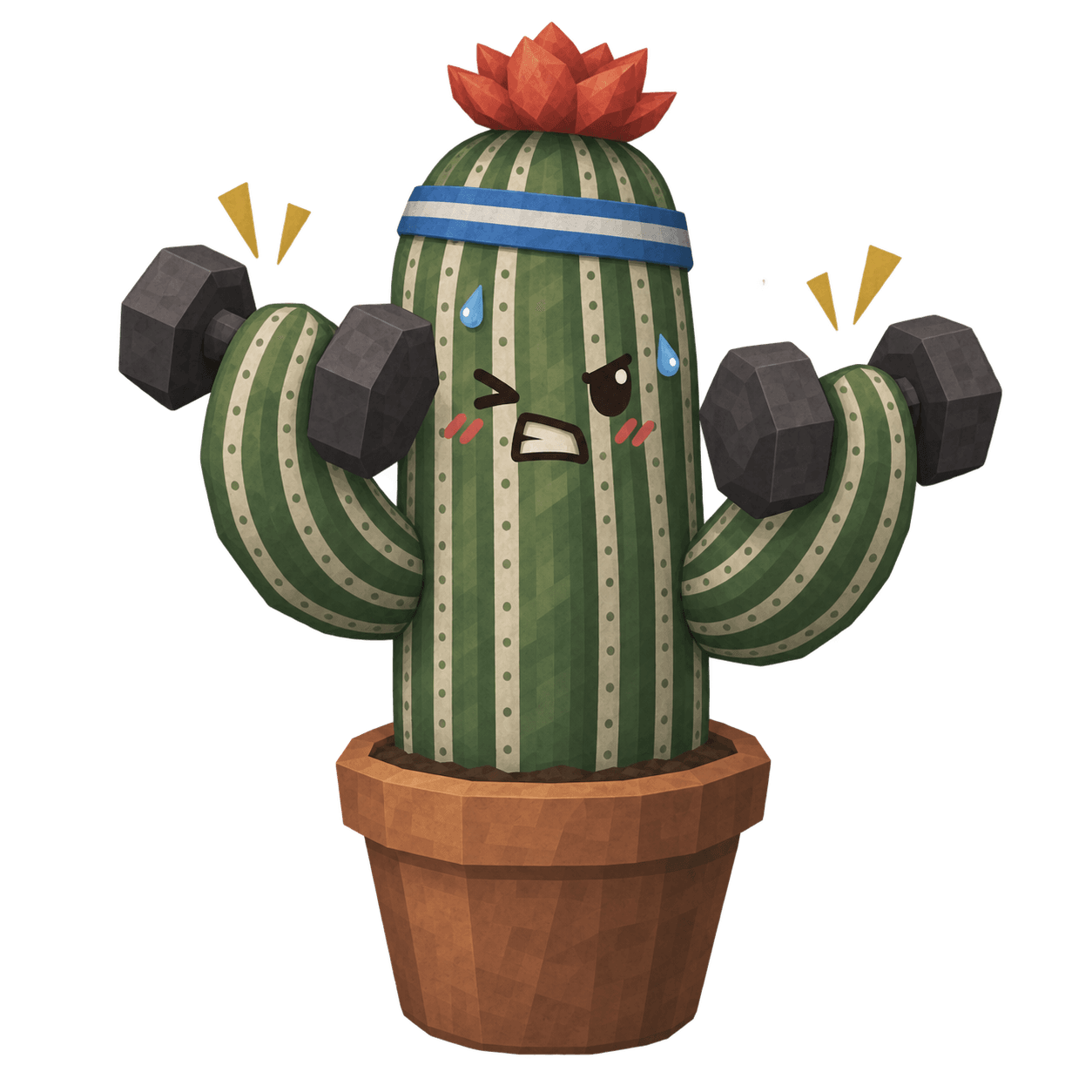 A cactus in a headband lifting two dumbbells.