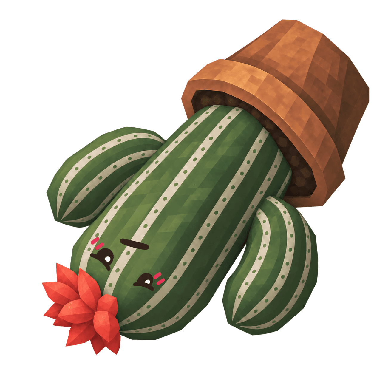 A cactus knocked on its side, its pot tipped over, still green and still flowering.